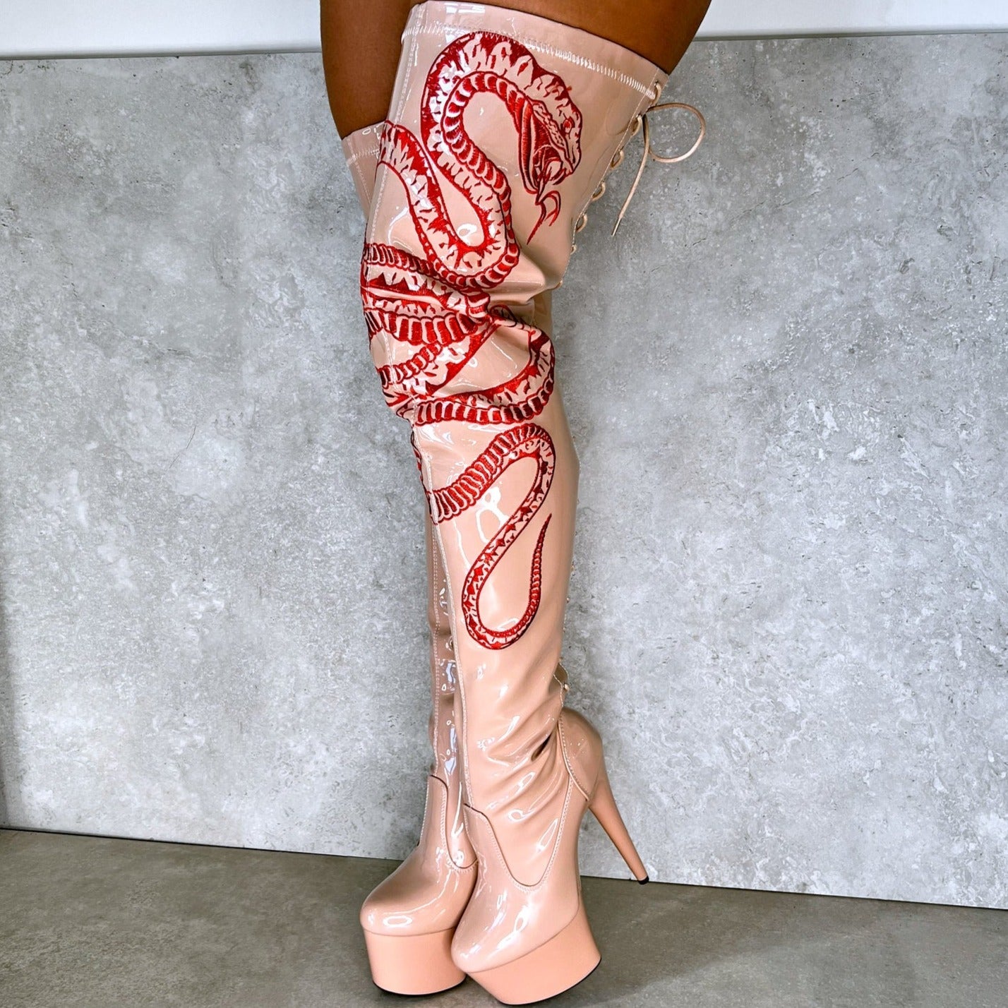 VIPER Boot Tan with Red Thicc Thigh High - 7INCH, stripper shoe, stripper heel, pole heel, not a pleaser, platform, dancer, pole dance, floor work