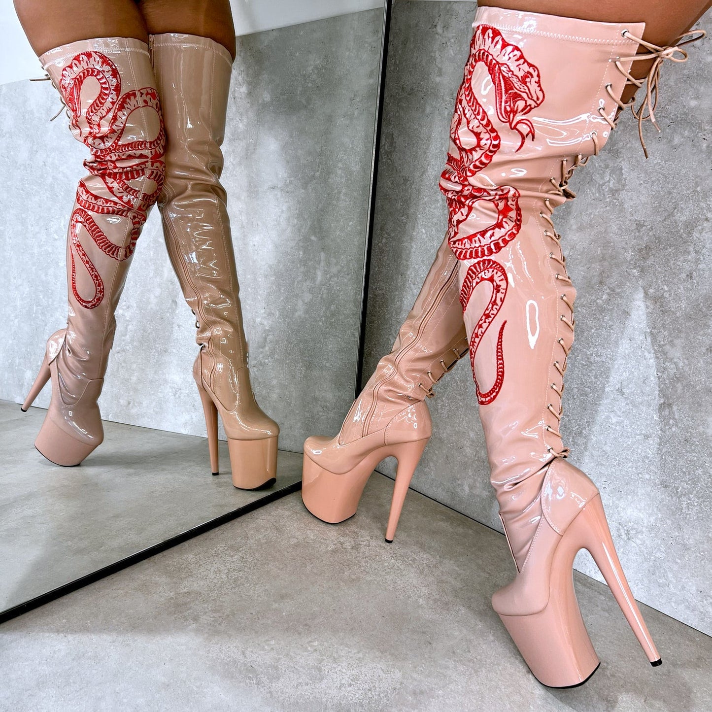 VIPER Boot Tan with Red Thicc Thigh High - 8INCH