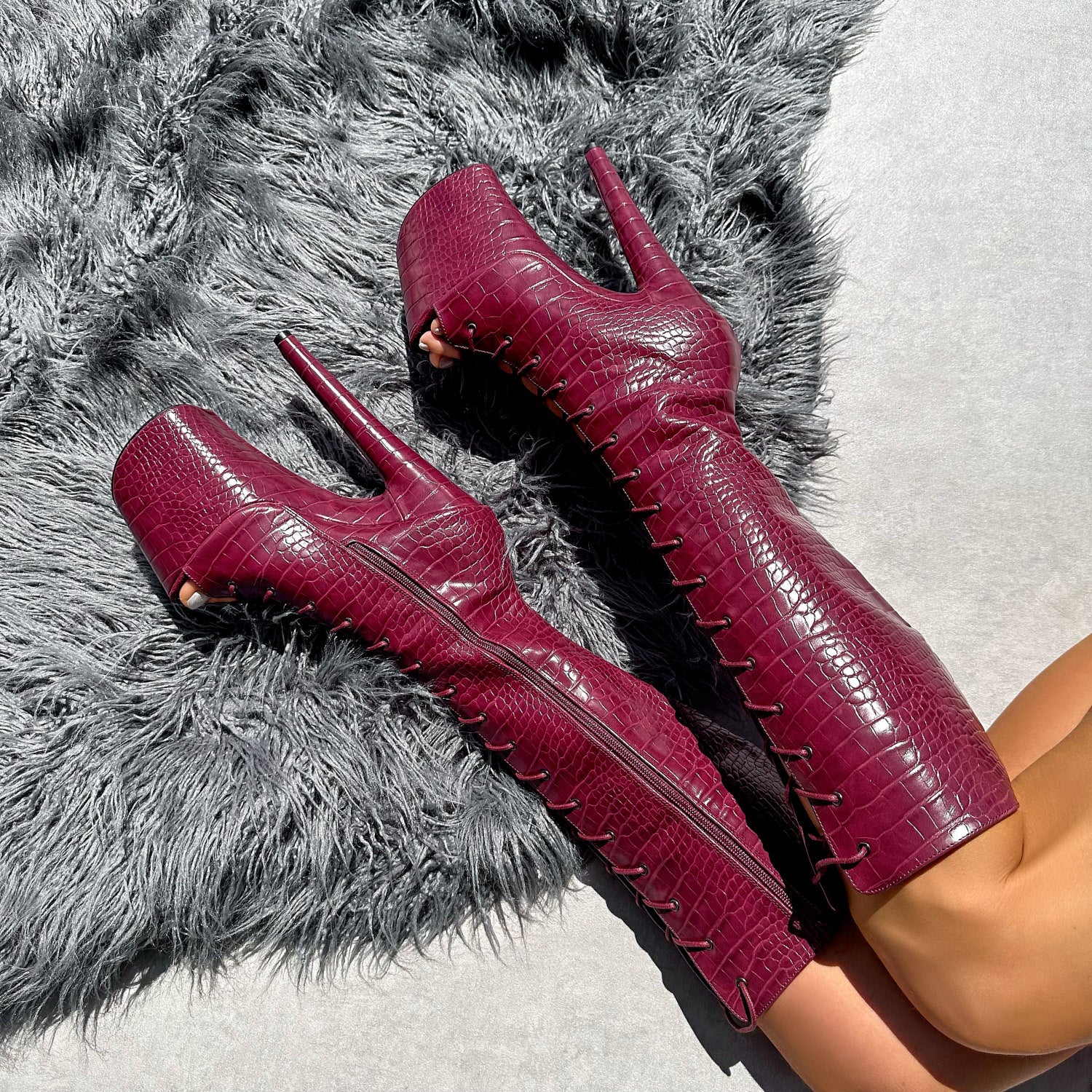 Red open toe knee high boots 2025