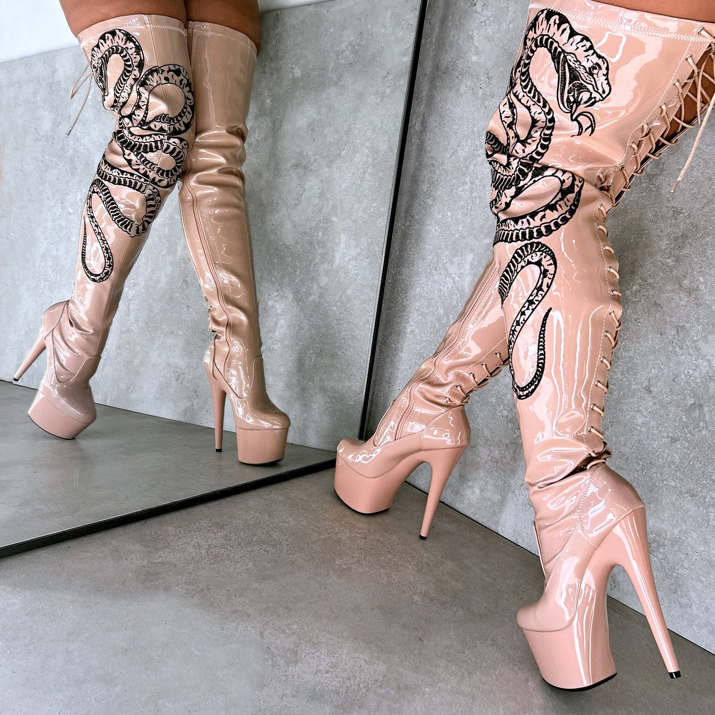 Lace Up Thigh High Brown Boots With Heel VIPER Boot Tan With Black