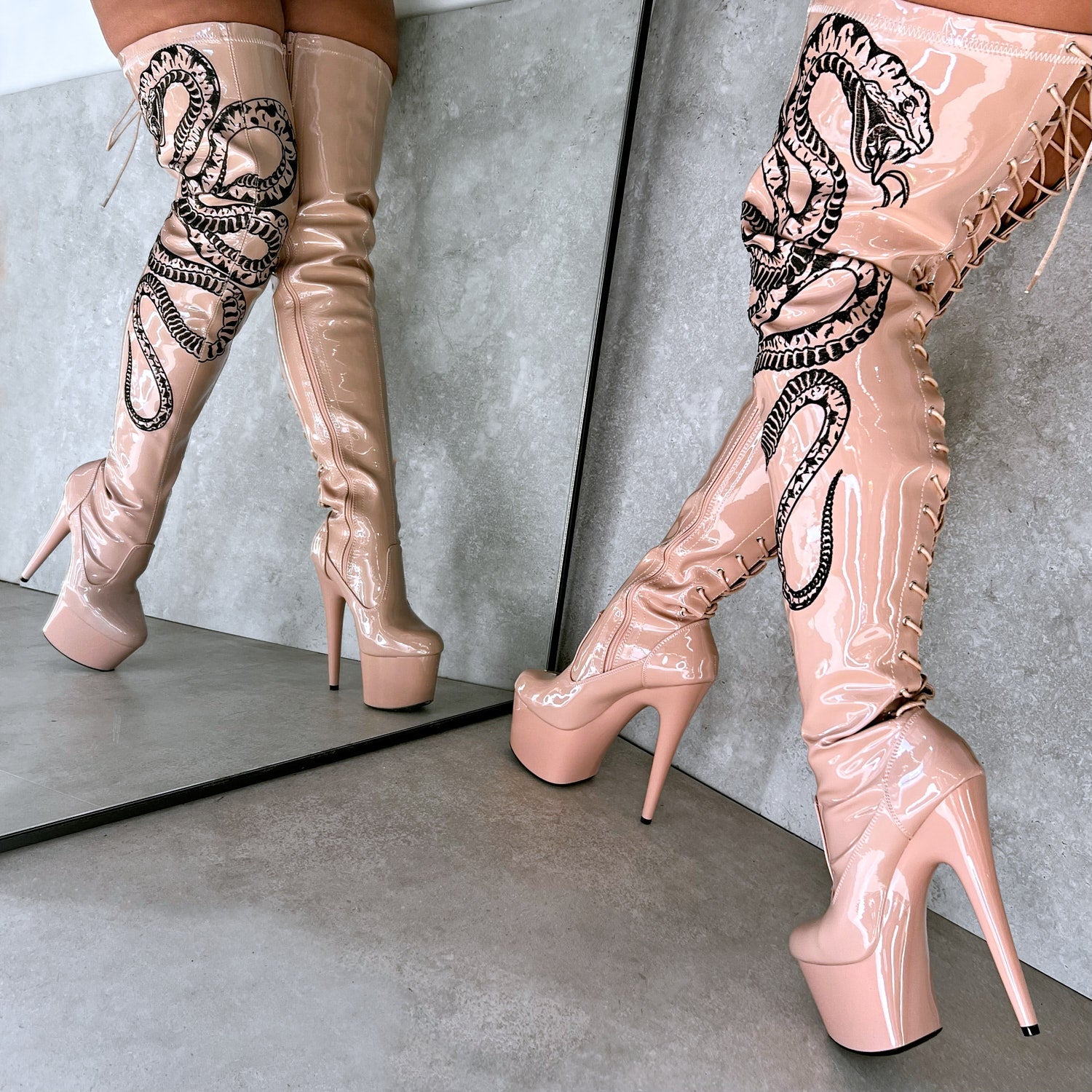 VIPER Boot Tan with Black Thicc Thigh High - 7INCH, stripper shoe, stripper heel, pole heel, not a pleaser, platform, dancer, pole dance, floor work