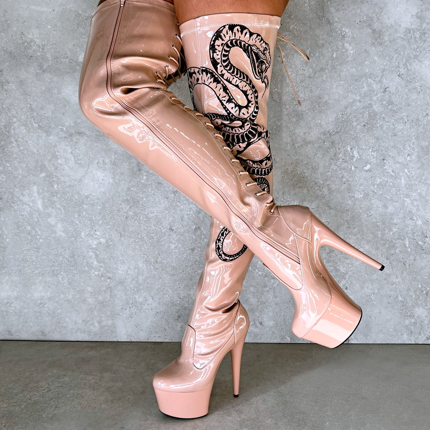 VIPER Boot Tan with Black Thicc Thigh High - 7INCH, stripper shoe, stripper heel, pole heel, not a pleaser, platform, dancer, pole dance, floor work