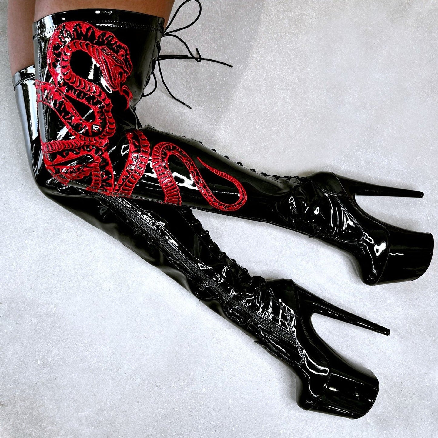 VIPER Boot Black with Red Thigh High - 8INCH, stripper shoe, stripper heel, pole heel, not a pleaser, platform, dancer, pole dance, floor work