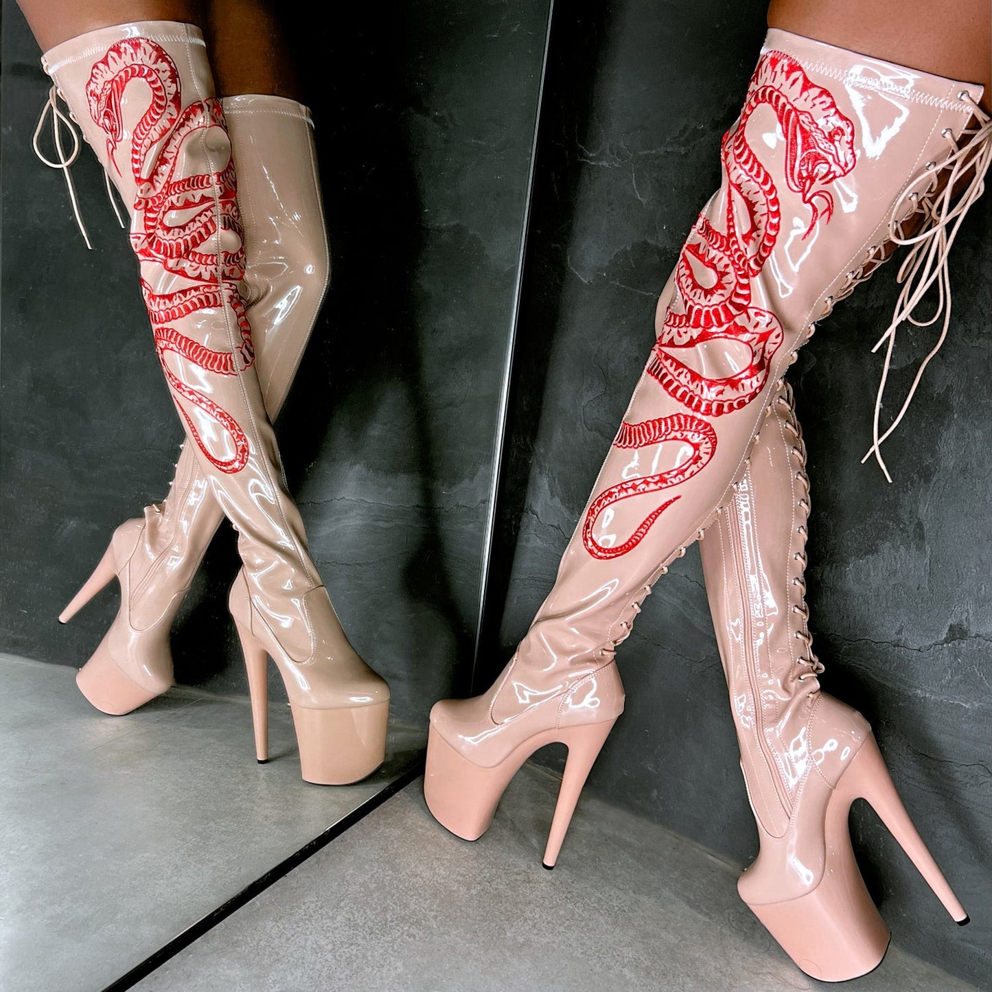 VIPER Boot Tan with Red Thigh High - 8INCH