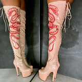 VIPER Boot Tan with Red Thigh High - 7INCH, stripper shoe, stripper heel, pole heel, not a pleaser, platform, dancer, pole dance, floor work