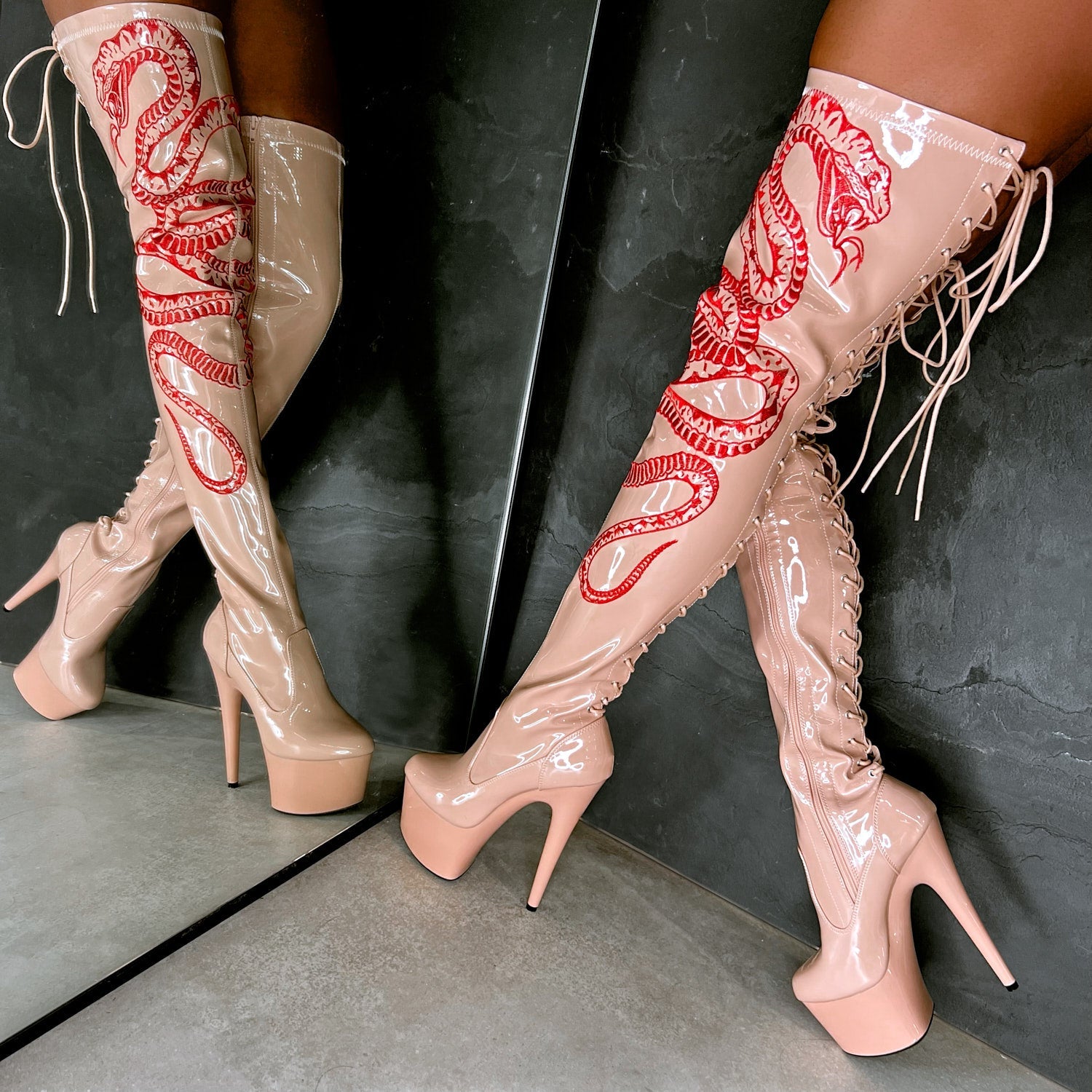 VIPER Boot Tan with Red Thigh High - 7INCH, stripper shoe, stripper heel, pole heel, not a pleaser, platform, dancer, pole dance, floor work