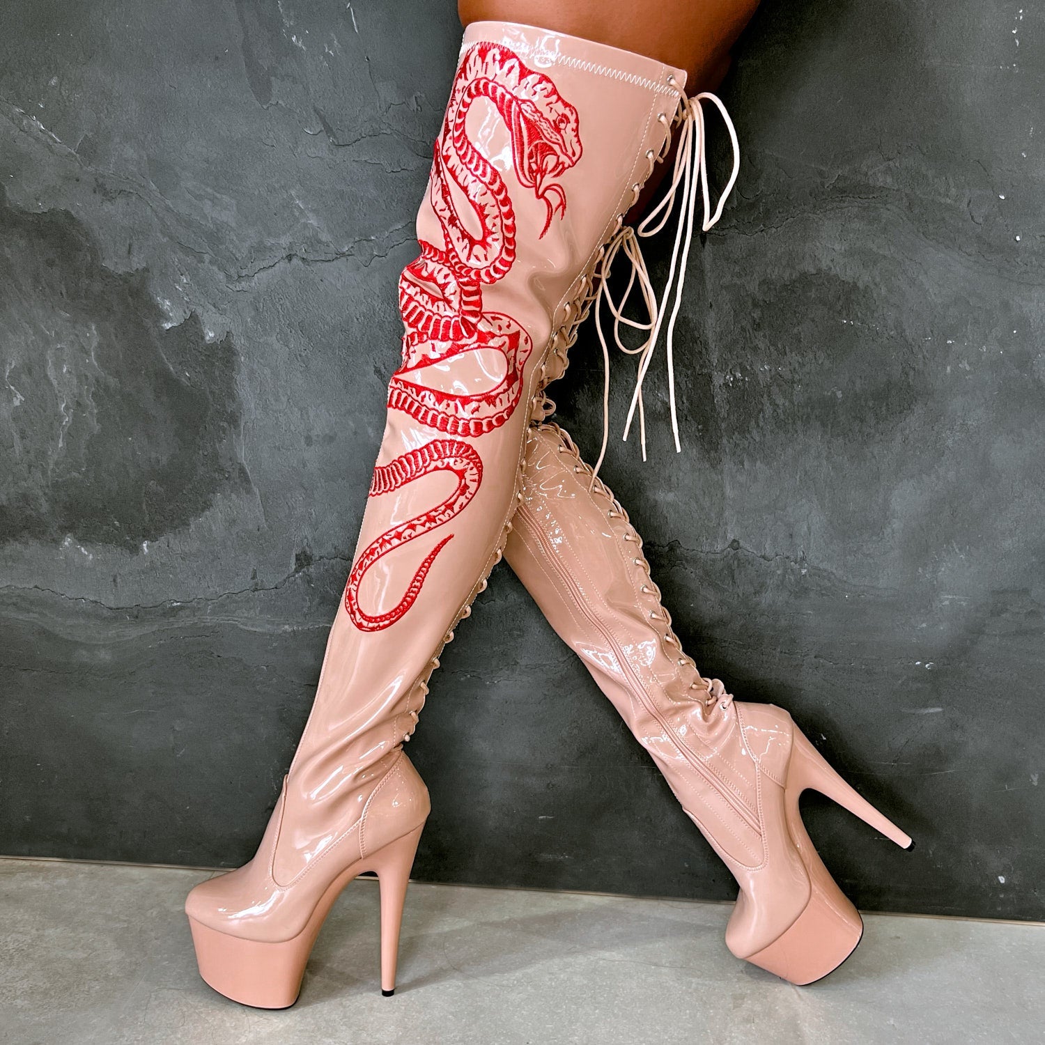 VIPER Boot Tan with Red Thigh High - 7INCH, stripper shoe, stripper heel, pole heel, not a pleaser, platform, dancer, pole dance, floor work