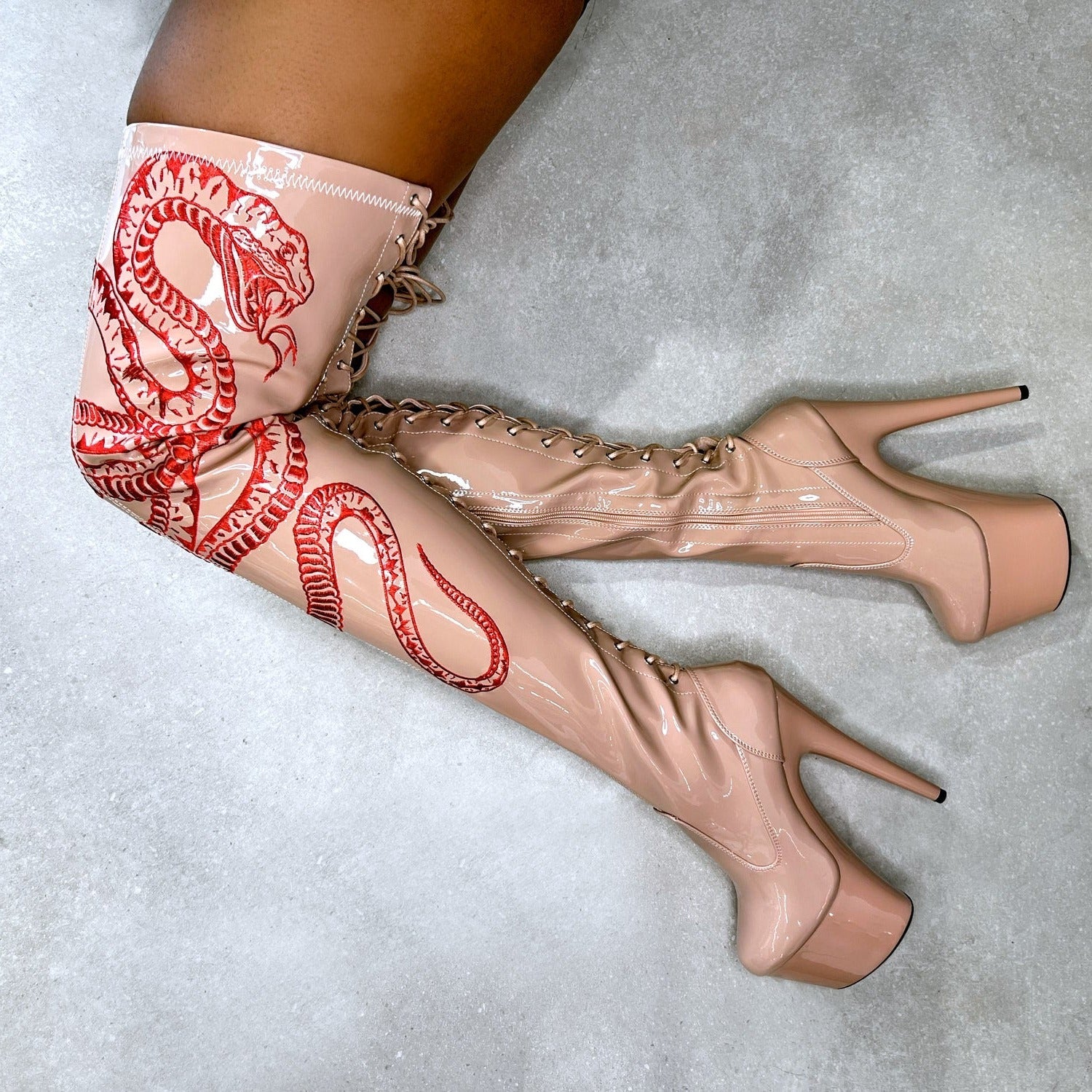 VIPER Boot Tan with Red Thigh High - 7INCH, stripper shoe, stripper heel, pole heel, not a pleaser, platform, dancer, pole dance, floor work