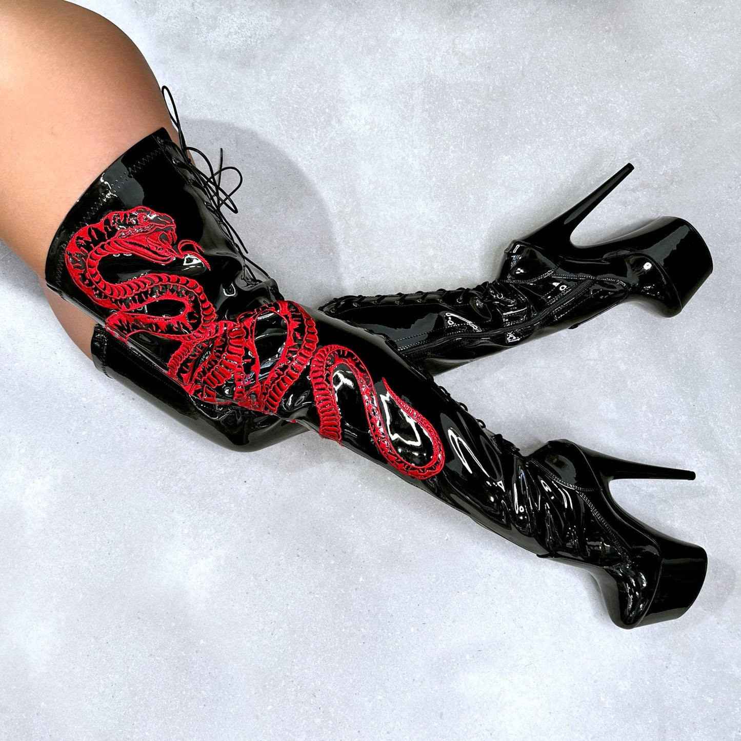 VIPER Boot Black with Red Thicc Thigh High - 7INCH