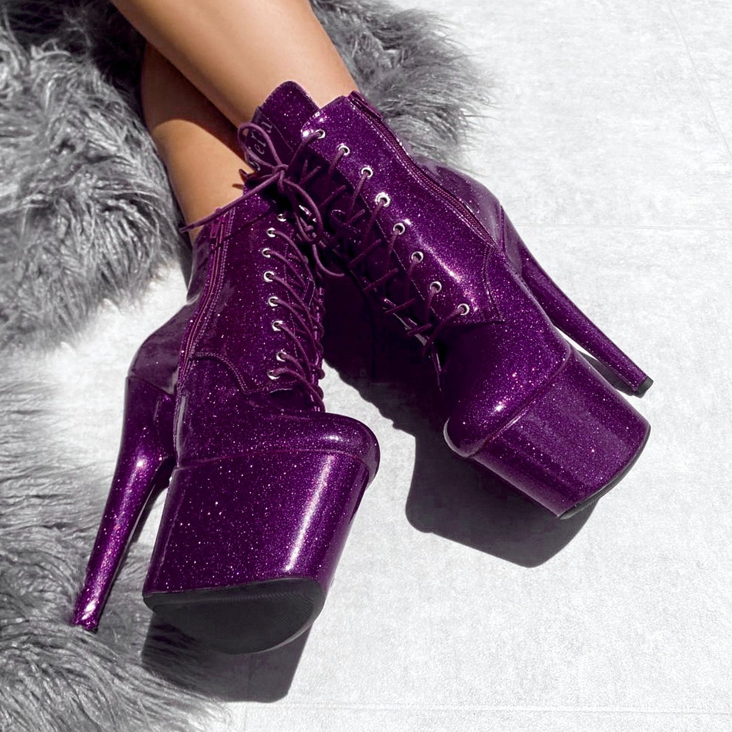 The Glitterati Ankle Boot - Purple Rain - 7 INCH, stripper shoe, stripper heel, pole heel, not a pleaser, platform, dancer, pole dance, floor work