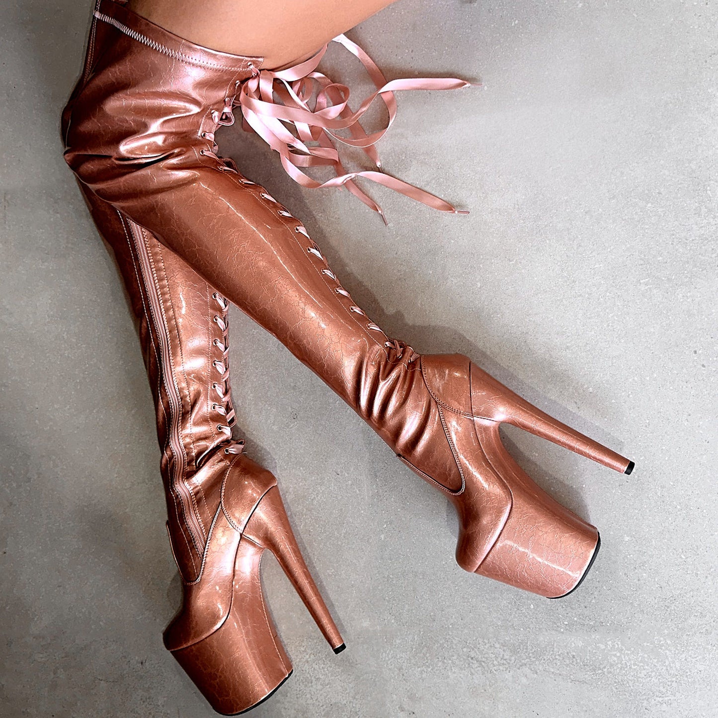 Heartbreaker - Rose Gold Thigh High - 8 INCH, stripper shoe, stripper heel, pole heel, not a pleaser, platform, dancer, pole dance, floor work