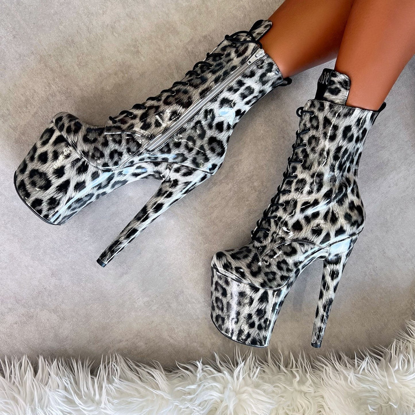 Snow Leopard Boot - 8 INCH, stripper shoe, stripper heel, pole heel, not a pleaser, platform, dancer, pole dance, floor work