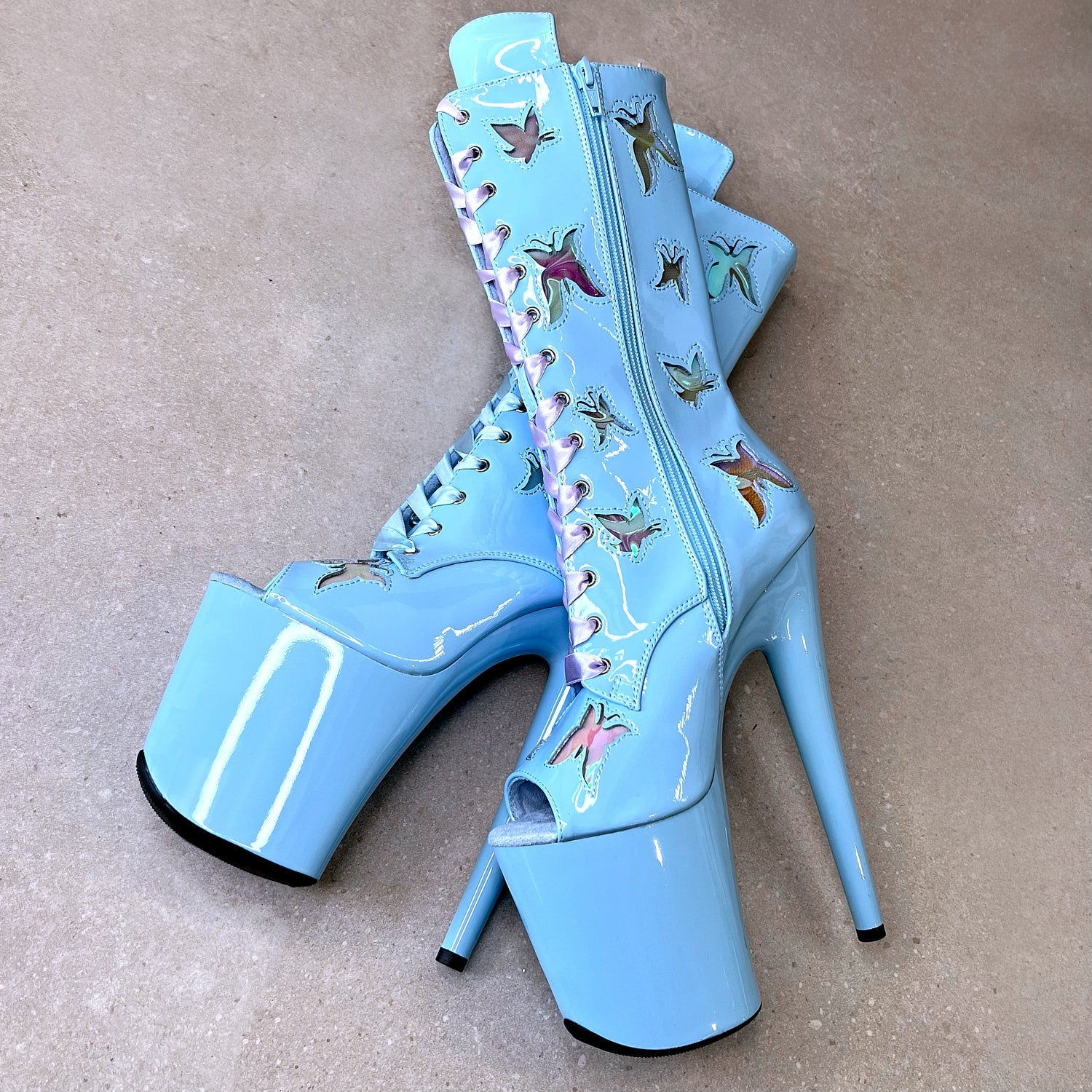 Butterfly Boot Blue Open Toe - 8INCH, stripper shoe, stripper heel, pole heel, not a pleaser, platform, dancer, pole dance, floor work