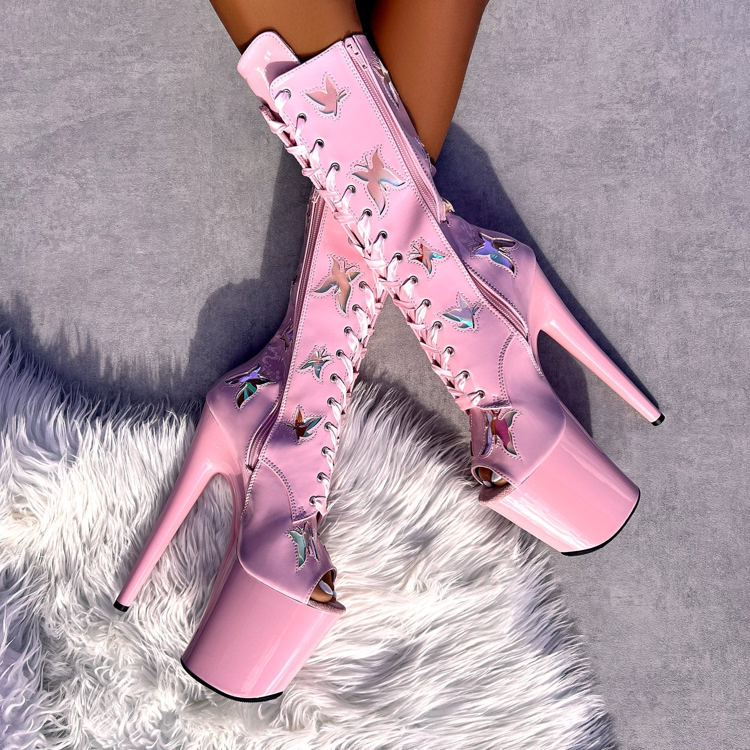 Butterfly Boot Pink Open Toe - 8INCH, stripper shoe, stripper heel, pole heel, not a pleaser, platform, dancer, pole dance, floor work