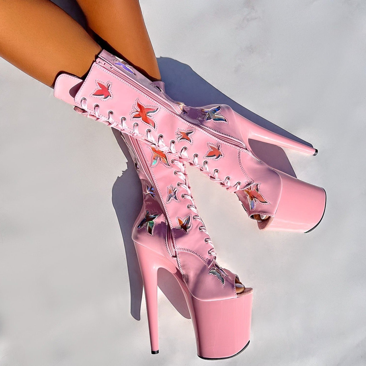 Butterfly Boot Pink Open Toe - 8INCH, stripper shoe, stripper heel, pole heel, not a pleaser, platform, dancer, pole dance, floor work