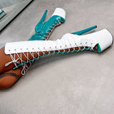 SNAPPED White/Aqua - Knee Boot Open Toe - 8INCH