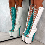 SNAPPED White/Aqua - Knee Boot Open Toe - 8INCH