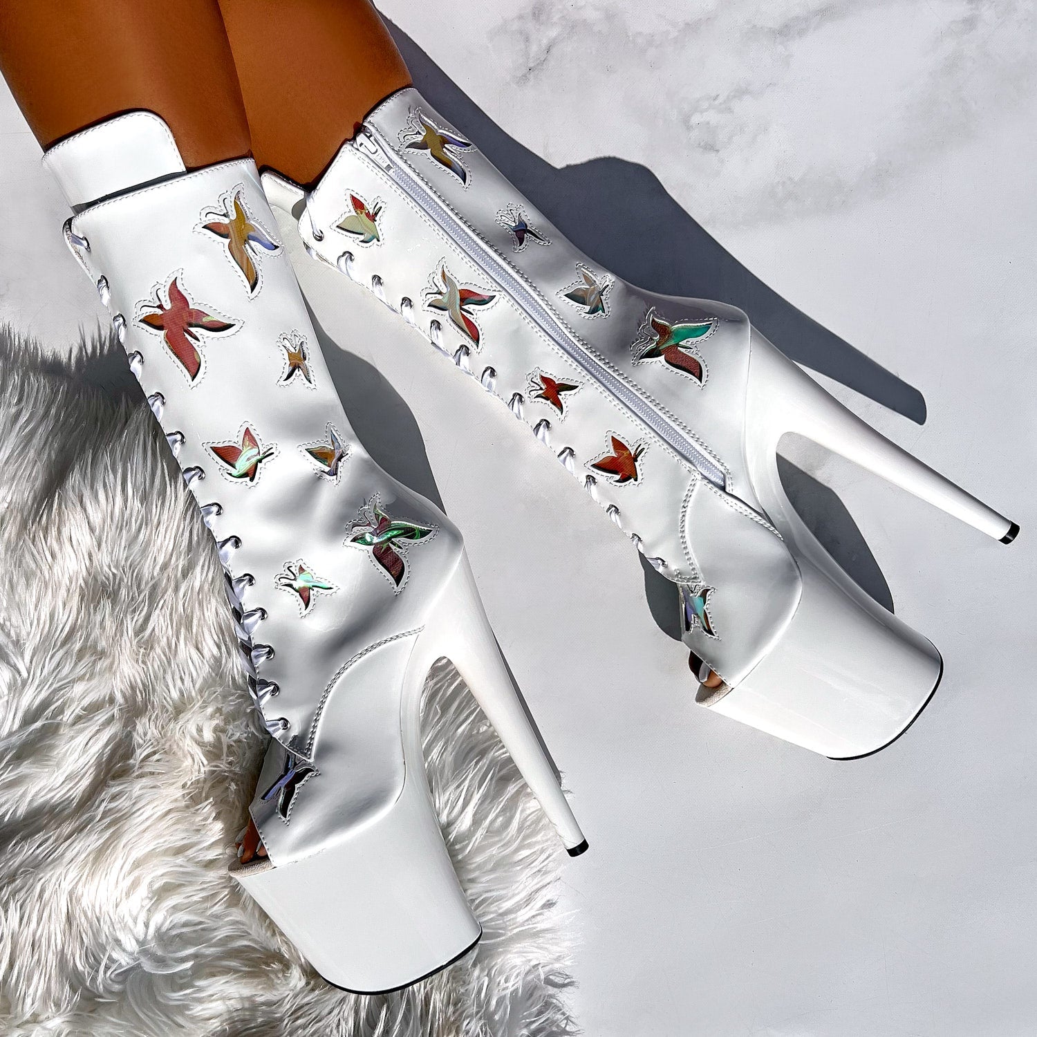 Butterfly Boot White Open Toe - 8INCH, stripper shoe, stripper heel, pole heel, not a pleaser, platform, dancer, pole dance, floor work