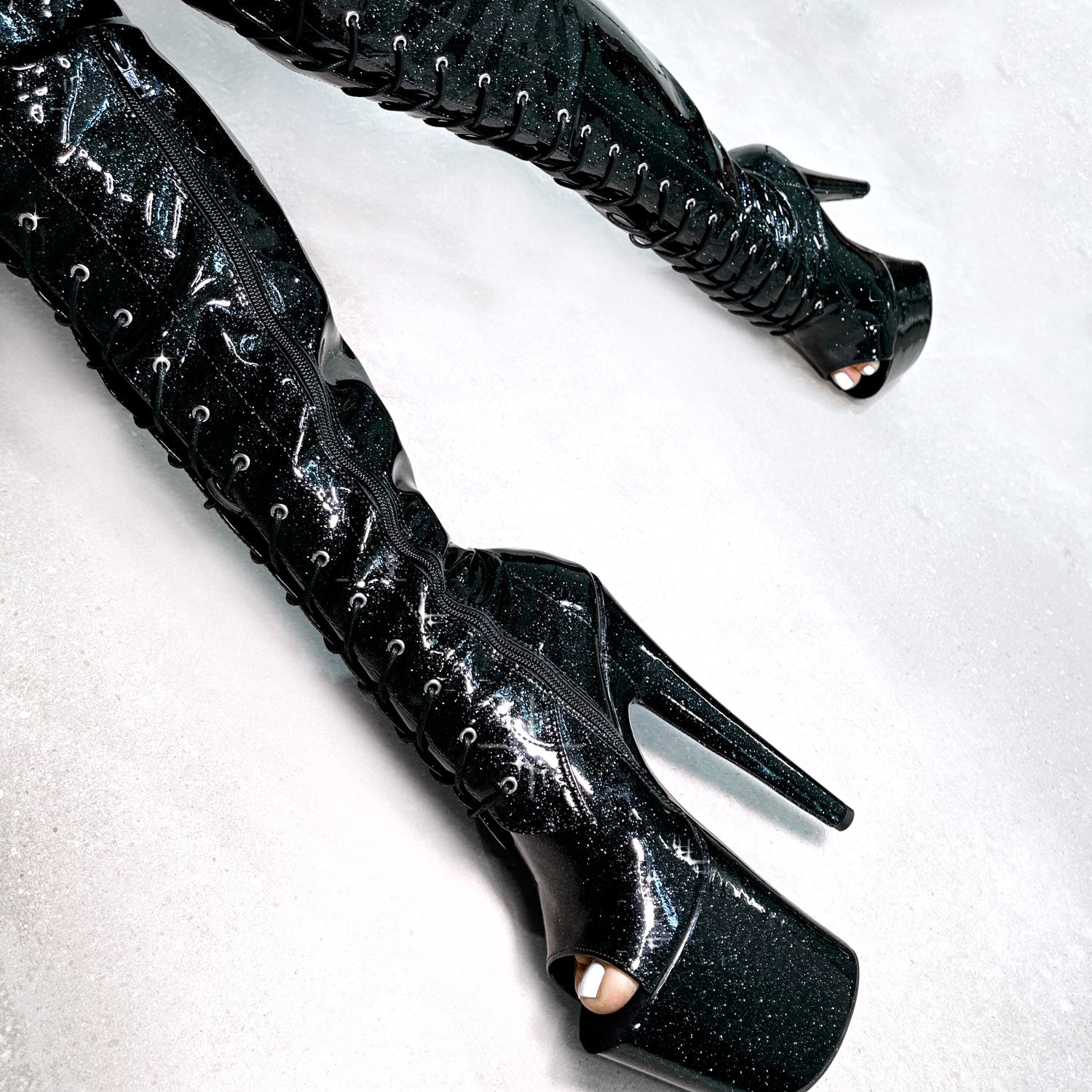 Glitterati Thigh High Open Toe - Sin City - 8 INCH - Half Zip