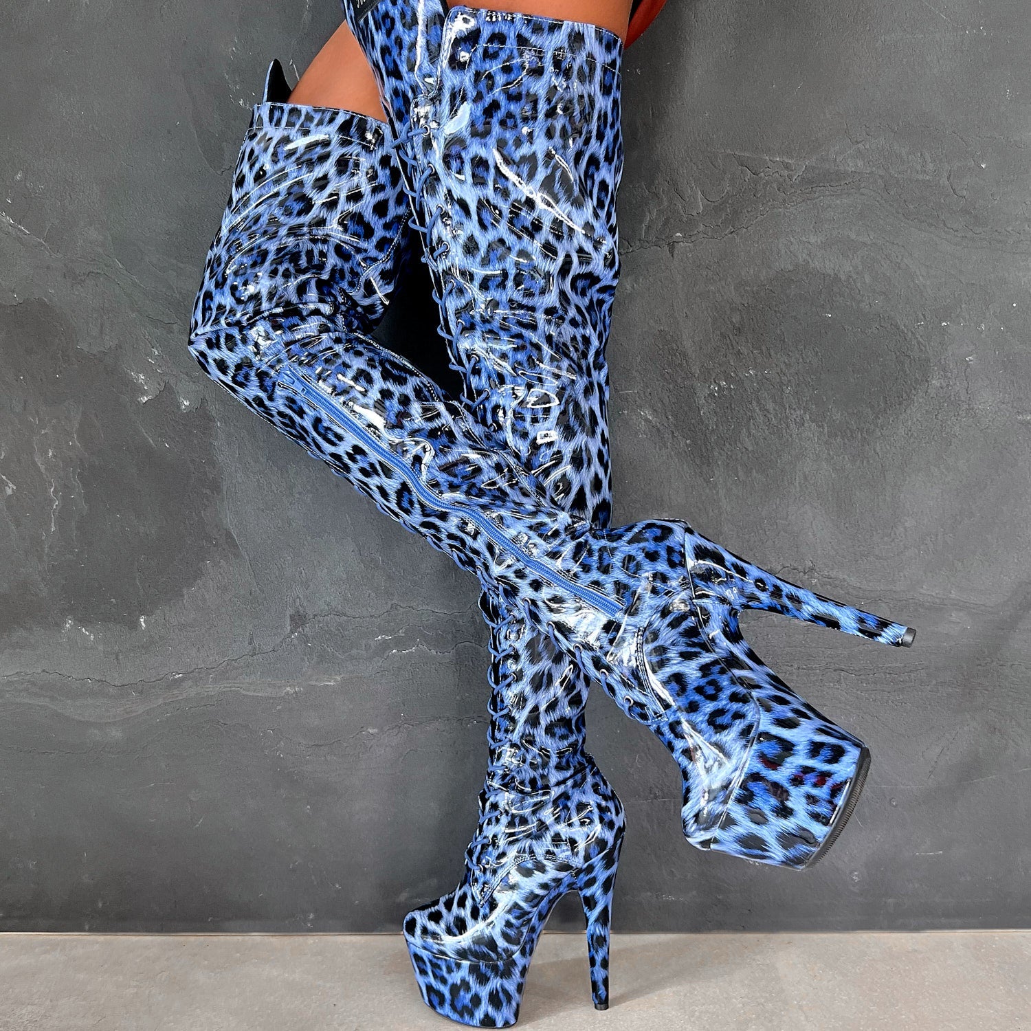 Blue store leopard boots