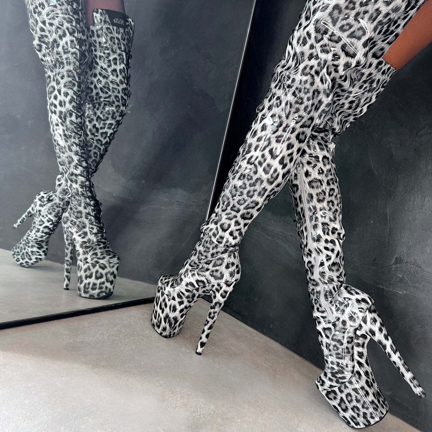 Snow Leopard Thigh High - 8 INCH + SP, stripper shoe, stripper heel, pole heel, not a pleaser, platform, dancer, pole dance, floor work
